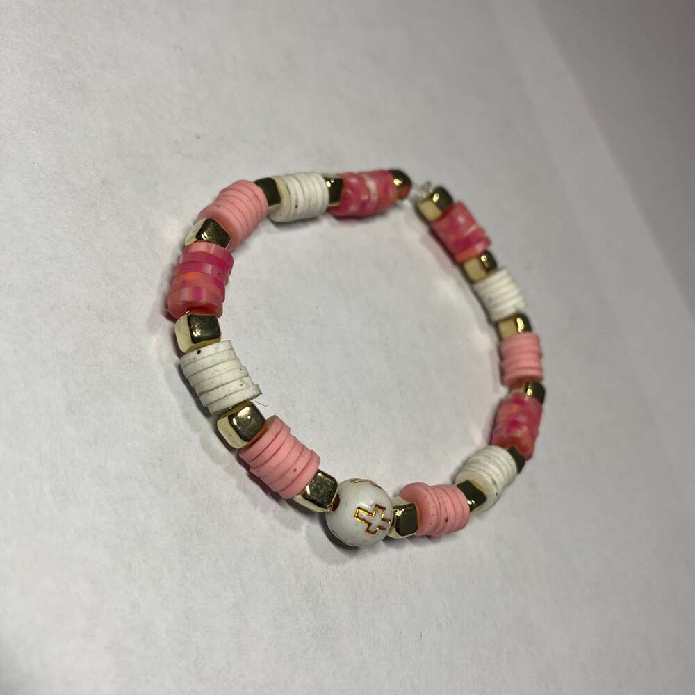 Pink and White Heishi Polymer Clay Bead Stretch Bracelet with Gold Accents